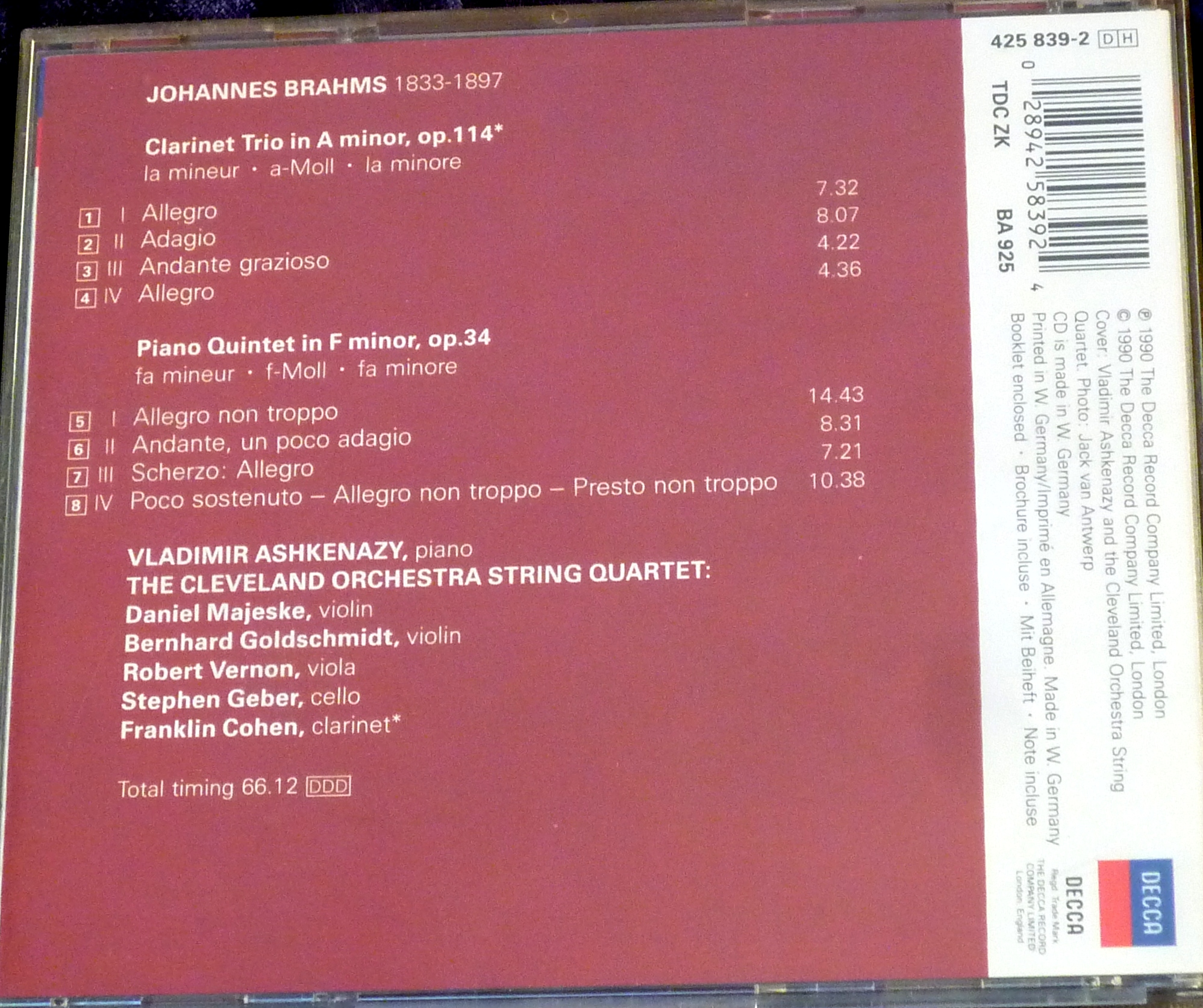 Brahms/Piano Quintet/Clarinet Trio - Ashkenazy/Cleveland1997 x 1674